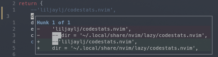 Screenshot showing a diff where the short github url has been replaced by a local directory in a lazy.nvim plugin config
